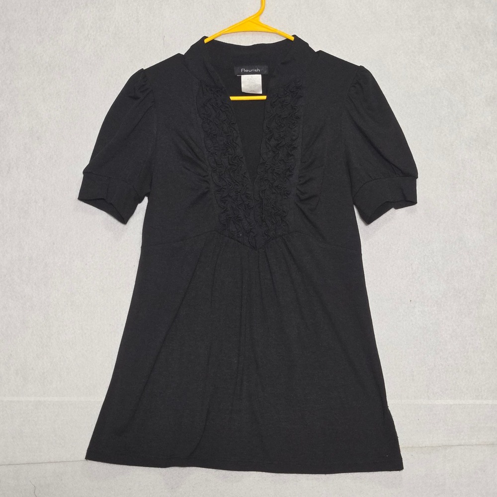Fleurish Black Ruffle V-Neck Puff Sleeve blouse Top Large ptp:17.5"